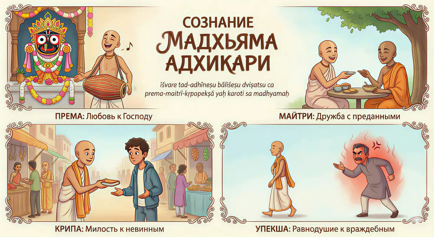 Классификация мадхьяма-бхакты: Према, Майтри, Крипа и Упекша